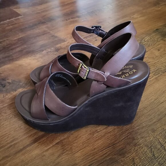 Kork-Ease Smooth & Suede Leather Strappy Platform Wedge Sandals Chocolate - Picture 4 of 6